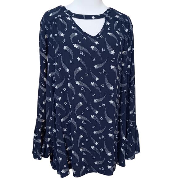 LANE‎ BRYANT Long Tunic Top Blouse Plus 18-2X Flowy Flutter Pockets Stars Blue - Picture 1 of 11